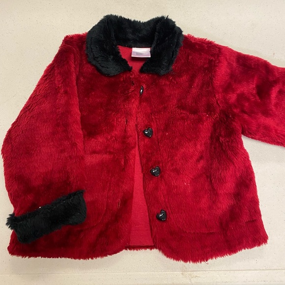 Red with black trim fuzzy holiday jacket size 24 mos - Picture 2 of 4